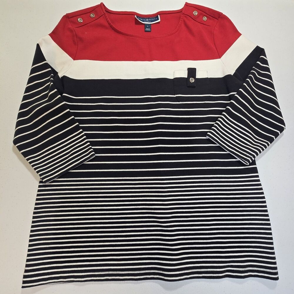 Karen Scott Womens Sport Large Striped 3/4 Sleeve Red White Black Stripes